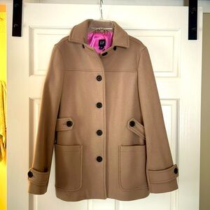 Camel colored Gap wool coat, pink satin lining, size medium